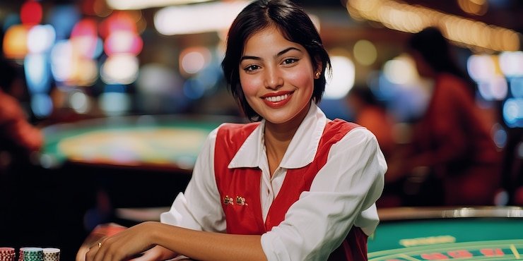 Live Andar Bahar table showing dealer, two card piles, and live chat interface